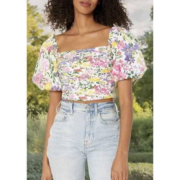 ASTR Shirt Women's S Floral Smocked Puff Sleeve Peasant Boho Blouse Cropped - Picture 15 of 15